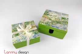Set of  6 green hand-painted scenery coasters with box 